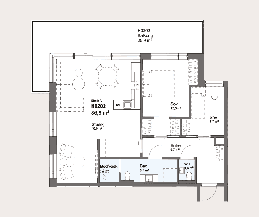 Leilighet på 86 m² BRA-i. Tilgjengelig i 2., 3. og 4. etasje bygg A