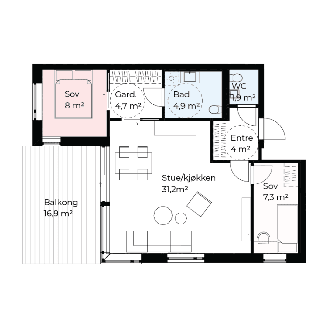 Plantegning leilighet A401: 65,3 m² BRA-i